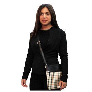 Jack Georges Womens Plaid Crossbody Bag Leather & Canvas Black/Beige
